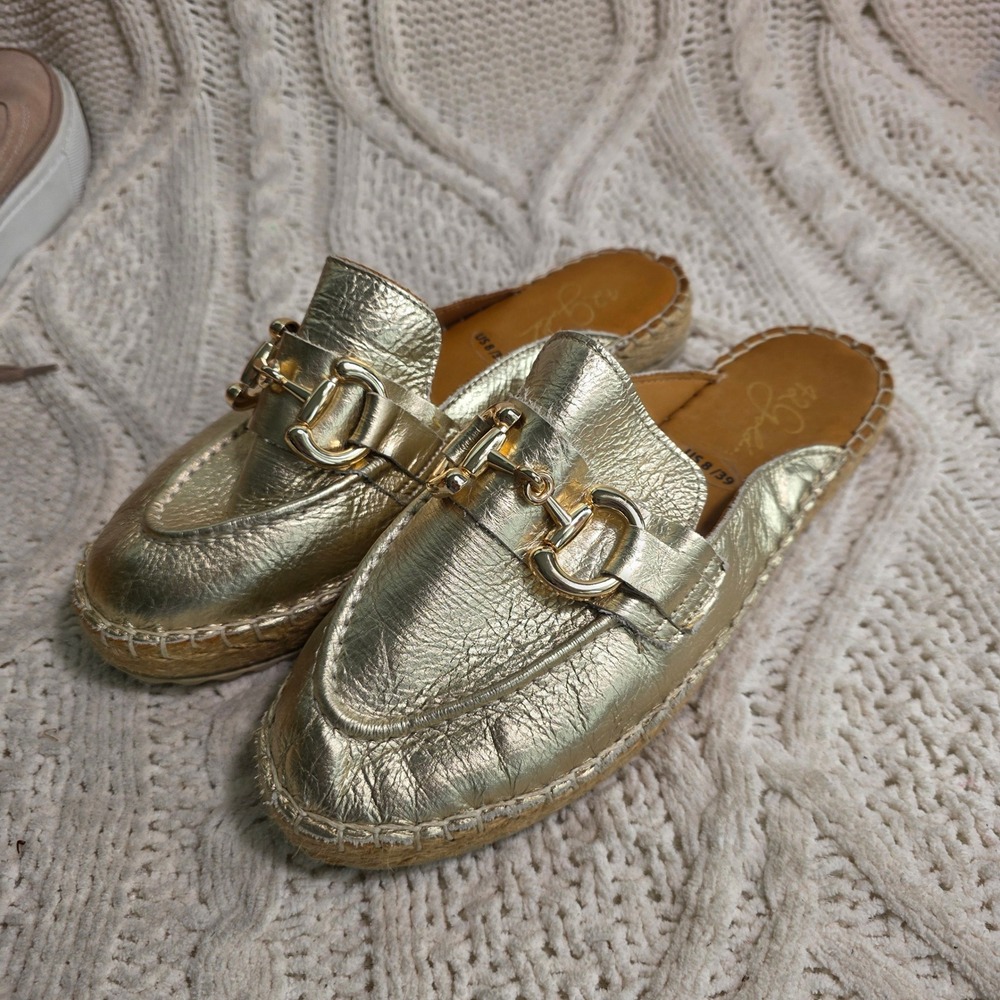 42 Gold Espadrille Mule Gold Horsebit Metallic Leather Womens 8 Excellent